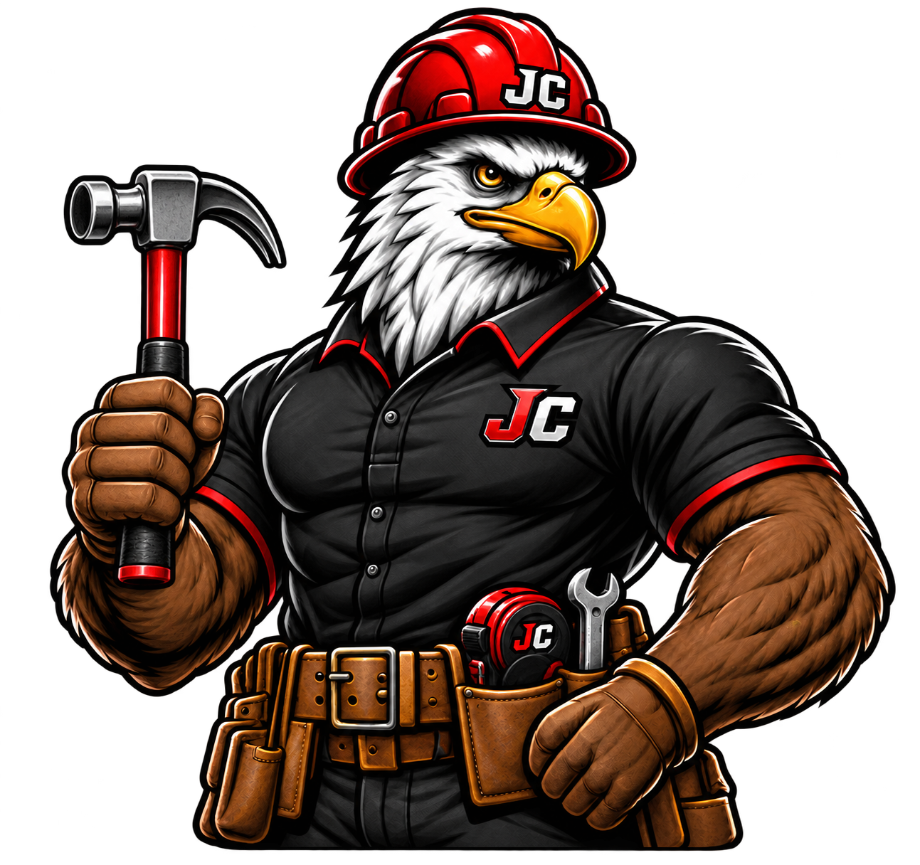 JC Legacy eagle construction mascot wearing a red hardhat and holding a hammer